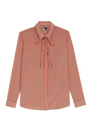 Langdriekorte blouse met verticale oranje, zwarte en witte strepen, voorzien van een puntige kraag en een strikje bij de hals.