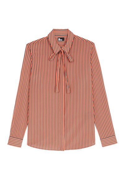 Langdriekorte blouse met verticale oranje, zwarte en witte strepen, voorzien van een puntige kraag en een strikje bij de hals.