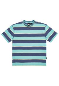 Striped short-sleeve t-shirt featuring alternating aqua, navy, and light yellow stripes. Material appears soft with a crew neckline and logo detail.
