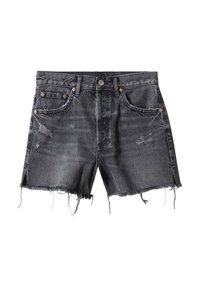 Bermudas de mezclilla negras con un diseño desgastado, dobladillo deshilachado, cinco bolsillos y detalles de botones de metal.