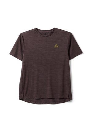 Dunkelbraunes Sport-T-Shirt mit kurzen Ärmeln, Rundhalsausschnitt und kleinem gelben Altavia-Logo auf der linken Brust.