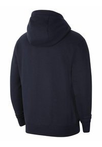 Navy blue hoodie, cotton blend, features a large hood, ribbed cuffs, and a straight hem. Smooth texture with no visible patterns or accents.