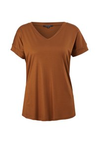 Braunes V-Ausschnitt-T-Shirt mit kurzen, gerollten Ärmeln, aus glattem Stoff gefertigt, mit lässiger Passform und schlichter Gestaltung.