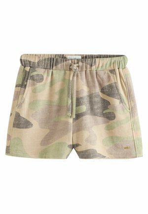 Pantaloni cargo in tonalità beige e verde, realizzati in tessuto testurizzato, con vita elasticizzata, cordoncino e tasche laterali.