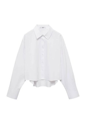 Hvidt cropped skjorte med lange ærmer, knaplukning foran og spidse kraver. Glat stof med en let glans og uden mønstre.