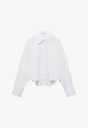 Hvidt cropped skjorte med lange ærmer, knaplukning foran og spidse kraver. Glat stof med en let glans og uden mønstre.