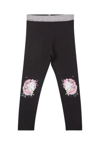 Leggings neri con una fascia metallica in vita, caratterizzati da grafiche di unicorni colorati con criniere rosa e accenti a forma di stella su entrambi i lati.