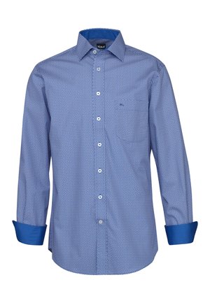 Camicia azzurra a maniche lunghe con piccoli motivi circolari bianchi, collo aperto e polsini interni e fodera del collo in tinta unita blu a contrasto.