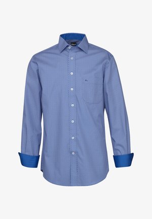 Blaues langärmeliges Hemd mit Knopfleiste, kleinen weißen Kreismustern, Haifischkragen und kontrastierenden, unifarbenen blauen inneren Manschetten und Kragenfutter.