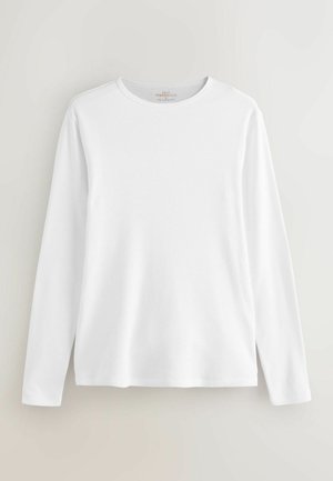 Weißes Langarm-T-Shirt aus geripptem Stoff, mit Rundhalsausschnitt und lockerer Passform. Schlichtes Design ohne Muster oder Verzierungen.