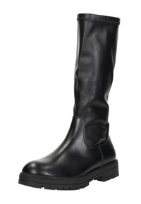 Zwarte laarzen tot de knie van glad leer met een ronde neus, voorzien van een gestructureerde rubberen zool en minimale stikdetail.