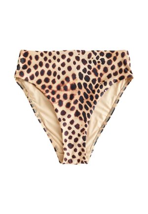 Dámske bikiny s vysokým pásom s béžovým a tmavohnedým leopardím vzorom na hladkej látke.