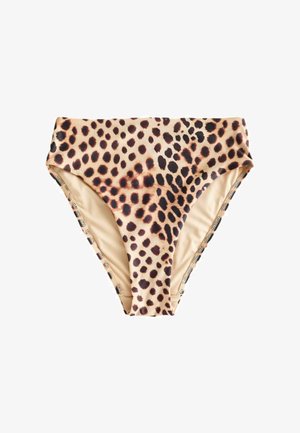 Dámske bikiny s vysokým pásom s béžovým a tmavohnedým leopardím vzorom na hladkej látke.