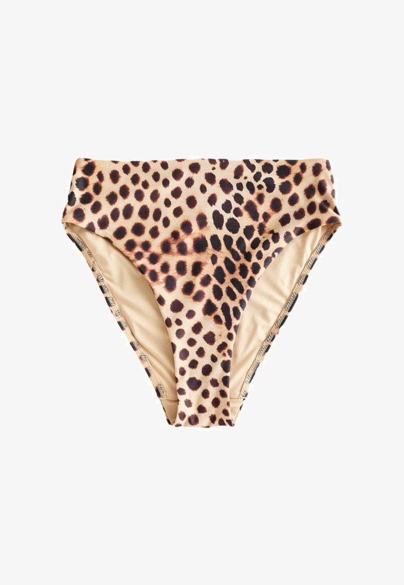 Figi bikini z wysokim stanem w beżowy i ciemnobrązowy wzór w cętki na gładkim materiale.