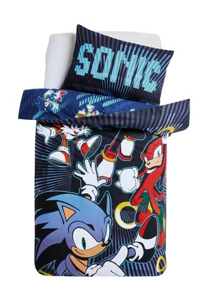 Blaues Bettwäscheset mit den Charakteren Sonic the Hedgehog, Tails und Knuckles mit dem Text "SONIC" auf dem Kissenbezug.