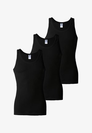 Three black ribbed tank tops featuring a crew neckline and wide shoulder straps, displayed in a row against a white background.
