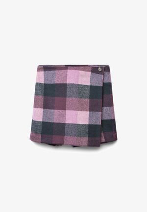 Wool plaid fabric in shades of pink, purple, and dark green. Wrap design with button closure. Textured weave adds depth to the pattern.
