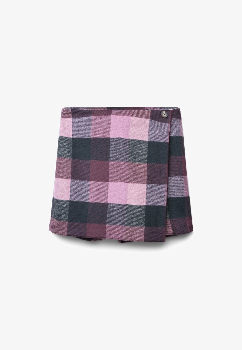 Tessuto di flanella a quadri in tonalità di rosa, viola e verde scuro. Design avvolgente con chiusura a bottone. La trama testurizzata conferisce profondità al motivo.