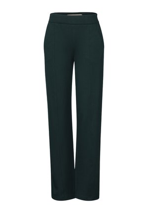 Pantalons large en tissu vert foncé. Dotés d'une taille élastique et de coutures verticales sur le devant pour un look soigné.