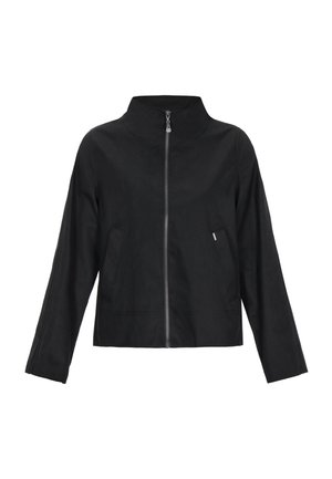 Schwarze Jacke mit Stehkragen, durchgehendem Reißverschluss, langen Ärmeln, zwei Seitentaschen und glatter, matter Oberfläche. Minimalistisches Design.