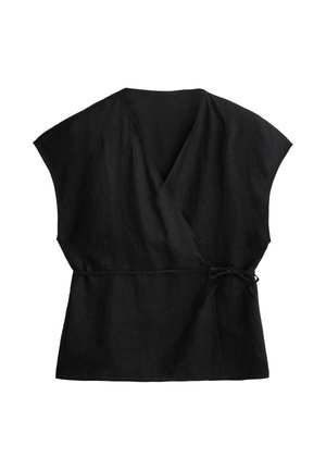 Haut portefeuille à manches courtes en lin noir avec encolure en V et ceinture à nouer sur le côté, présenté à plat sur fond blanc.