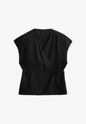 Black linen short-sleeve wrap top with a V-neck and side tie belt, displayed flat on a white background.