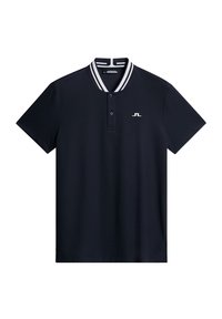 Marinblå polo skjorta gjord av slät tyg med en tvåknapplåset, ribbad krage med vita ränder och en liten broderad logotyp på bröstet.