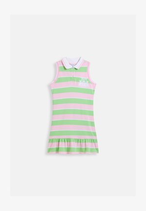 Αμάνικο φόρεμα πόλο με ροζ και πράσινες οριζόντιες ρίγες, λευκό γιακά, κουμπιά μπροστά, κεντημένο λογότυπο στο στήθος και βολάν στο τελείωμα.
