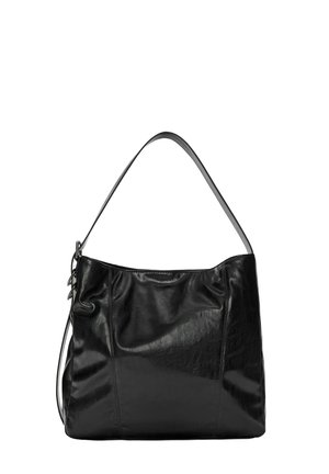 Sac à épaule en cuir noir avec une bandoulière simple et une texture douce, légèrement froissée, présenté sur un fond blanc uni.