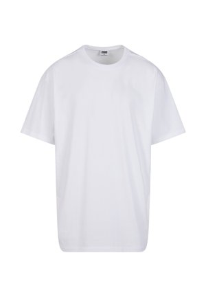 Maglietta bianca a maniche corte in cotone con scollo rotondo e etichetta visibile di dimensione e marca all'interno del colletto.