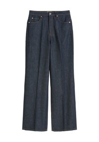 Granatowe szerokie dżinsy wykonane z denimu, z przodem zapinanym na guzik, dwiema przednimi kieszeniami oraz widocznym szwem wzdłuż krawędzi.