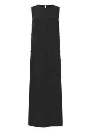 Abito lungo nero senza maniche con taglio dritto, scollatura rotonda e dettagli con bottoni lungo entrambi i lati.