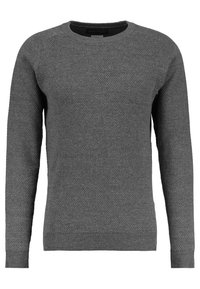 Pull en laine grise à manches longues, avec des poignets et un ourlet côtelés. Présente un tissu texturé et à motifs, un col rond et une coupe standard.