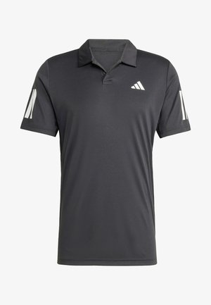 Herren-Polohemd in Dunkelgrau, aus atmungsaktivem Material. Mit klassischem Kragen, Knopfleiste und drei weißen Akzentstreifen an den Ärmeln.