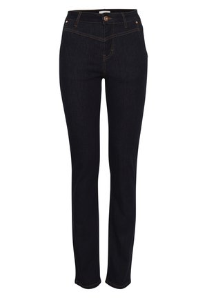 Dunkelblaue Skinny Jeans aus Denim mit hohem Bund, dezentem goldenen Nähten und einem Knopfverschluss vorne. Gerader Schnitt.