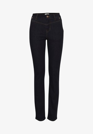 Dunkelblaue Skinny Jeans aus Denim mit hohem Bund, dezentem goldenen Nähten und einem Knopfverschluss vorne. Gerader Schnitt.