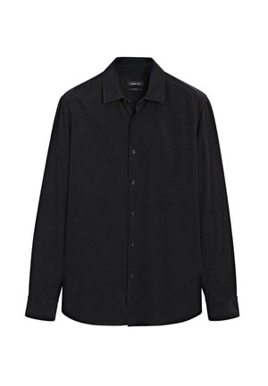 Black long-sleeve shirt made of soft fabric. Features a pointed collar, full button placket, and buttoned cuffs. No patterns or accents.