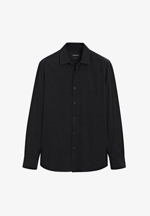 Black long-sleeve shirt made of soft fabric. Features a pointed collar, full button placket, and buttoned cuffs. No patterns or accents.