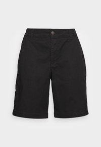 Černé casual šortky do délky kolen s knoflíkovým zapínáním, poutky na opasek a bočními kapsami, vystavené na jednoduchém bílém pozadí.