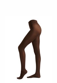 Hnědé neprůhledné punčocháče s bezešvou konstrukcí, s měkkou texturou a vysokým pasem. Zakrývají nohy od špiček až po pas.