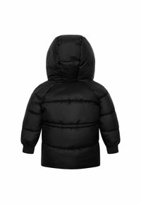 Černá péřová bunda s kapucí. Obsahuje prošívaný design a elastické manžety. Měkký, lesklý materiál s hladkou texturou.