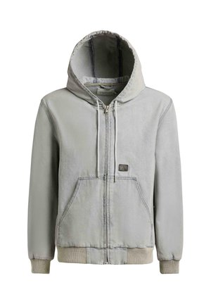 Lys grå hettejakke med glidelås, frontlommer, snor i hetten, ribbestrikkede mansjetter og midjebånd, vist på hvit bakgrunn.