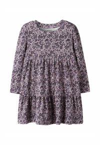 Robe longue à manches longues de couleur violette avec un motif floral, présentant une taille élastiquée et une jupe à volants. Fabriquée en tissu doux et texturé.