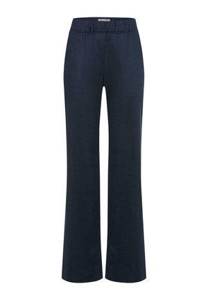 Marineblaue Hose mit geradem Bein, elastischem Bund und ohne sichtbare Taschen, vor weißem Hintergrund gezeigt.