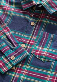 Flanellhemd mit dunkelblauem Grund und rot-grün-gelbem Karo-Muster, Knopfverschlüssen und einer Brusttasche.