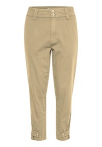 Beiga cropped byxor i bomull med en mjuk textur. Har två framsydda knappar, två sidofickor och fyllda nederdelar med knappar.