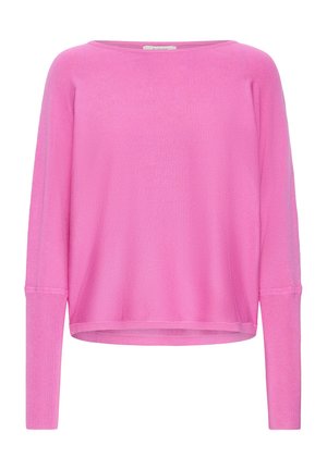 Pull en tricot rose vif à manches longues avec un col large et des poignets côtelés, présenté à plat sur un fond blanc.