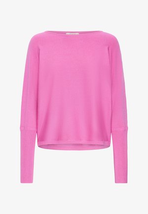 Pull en tricot rose vif à manches longues avec un col large et des poignets côtelés, présenté à plat sur un fond blanc.