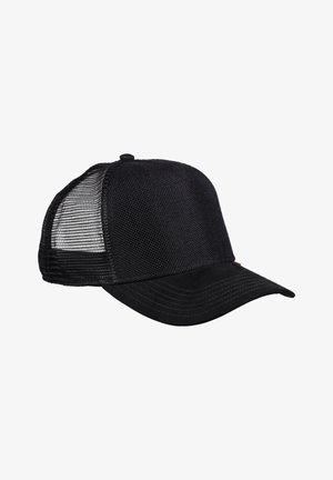 Black cap with a solid front and mesh back, featuring a curved brim and stitched detailing. The material appears textured and durable.