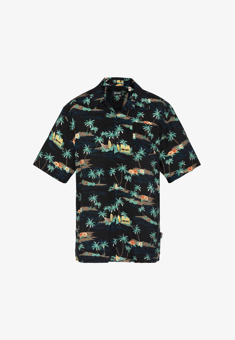 Chemise hawaïenne noire à manches courtes avec un motif d'îles tropicales comprenant des palmiers, des planches de surf, des vans jaunes et des fleurs orange.